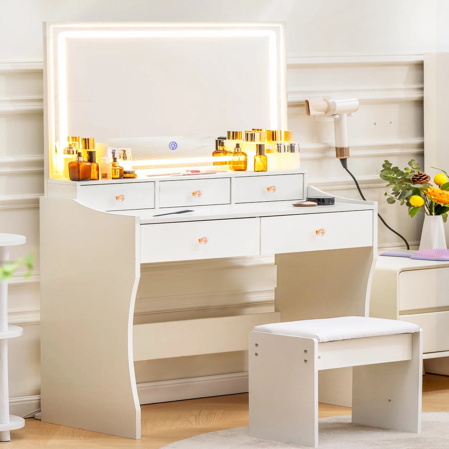 COMHOMA Vanity Table Chair Set With Four Drawers LED Mirror