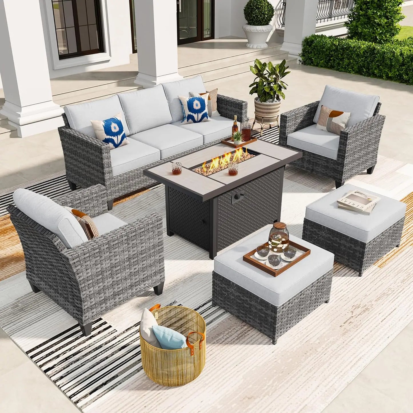 Outdoor Wicker Patio Furniture Set With Fire Pit Table Sofa