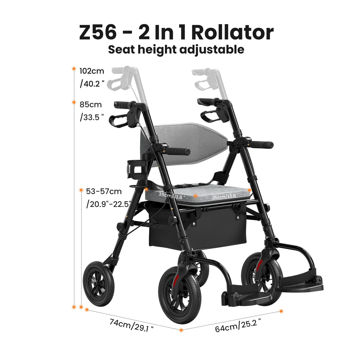 MAIDESITE Roller Walker With Seat Transport Wheelchair For Adults
