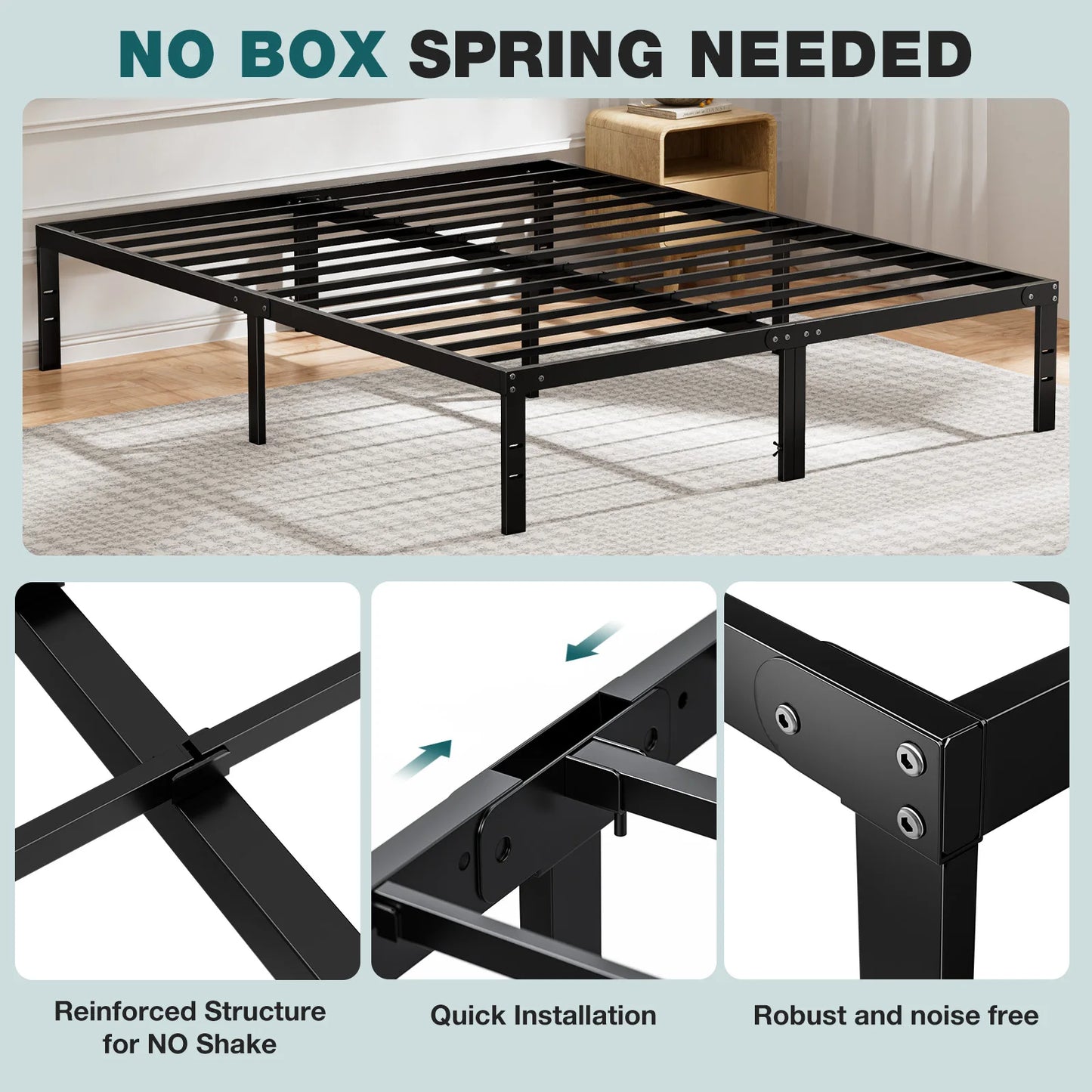 JHK Basic Twin Full Queen King Size Bed Frame Metal Platform Bedroom Frames with Storage Space Sturdy Steel Slat Support 350LBS
