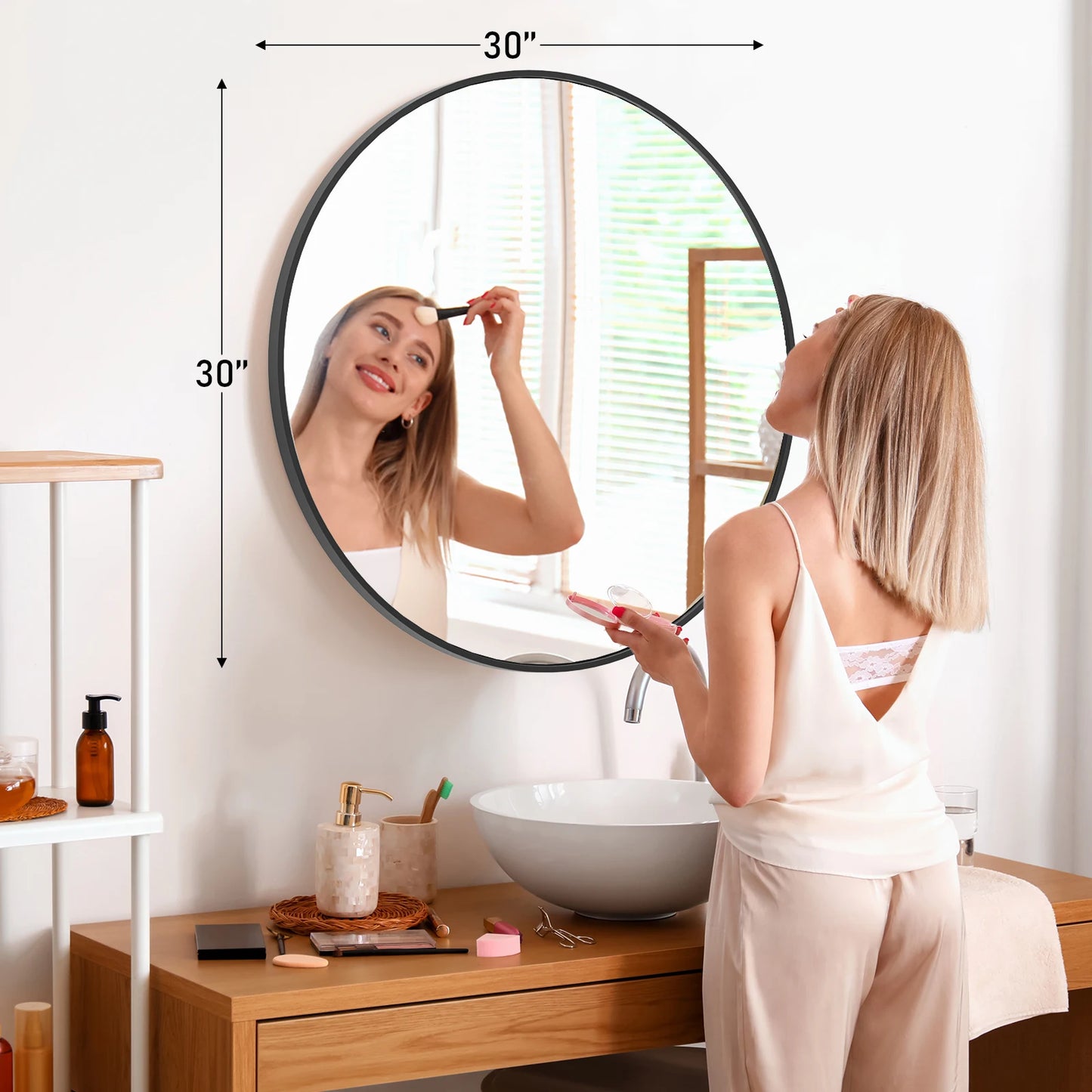 JHK 30 Inch Large Gold Round Vanity Framed Mirror for Wall Matte Metal Framed Modern Mirror Tempered Glass Bedroom Living Room