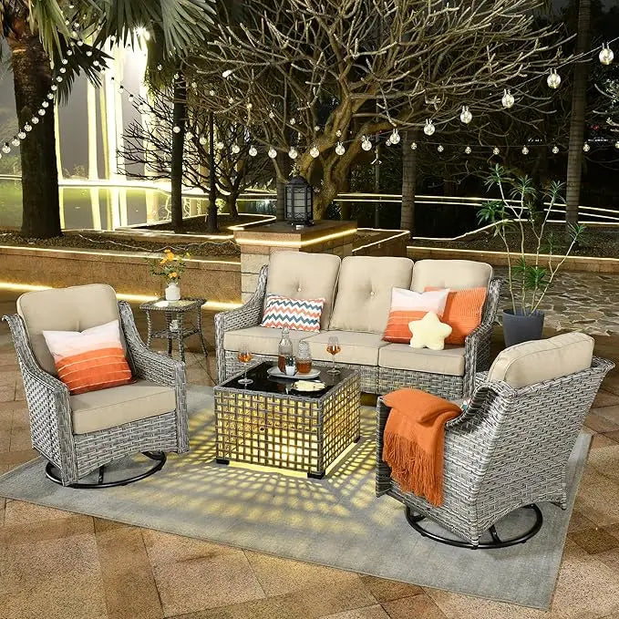 Outdoor Patio Wicker Conversation Set With Swivel Rocking Chair