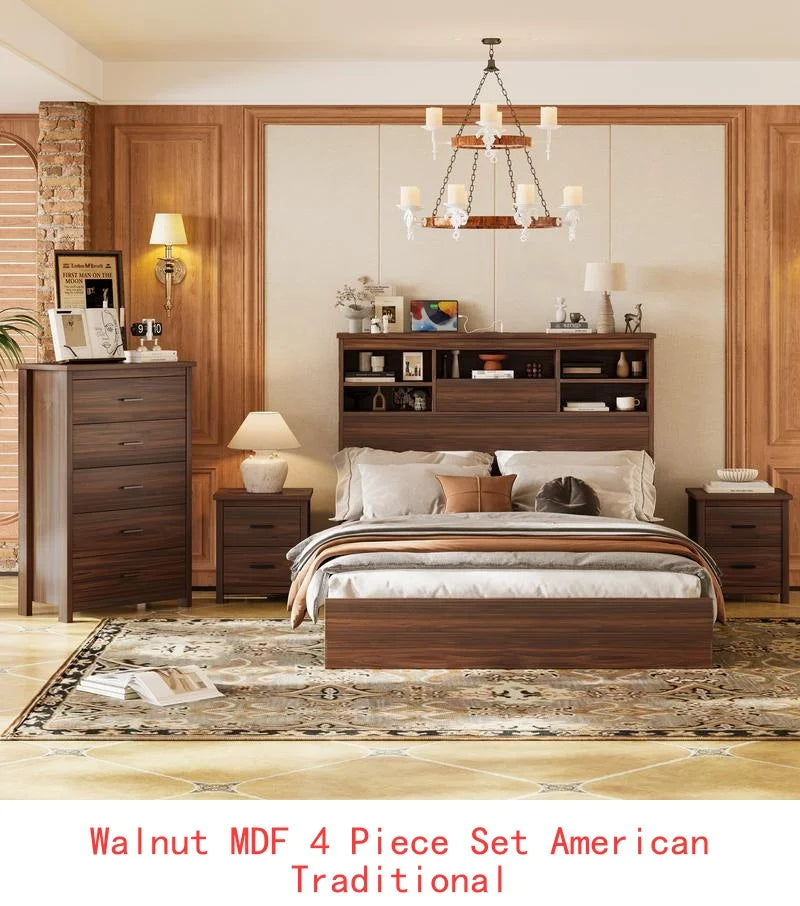 General Use 4 Piece Bedroom Set With Wooden Bed Frame And Storage Nightstands