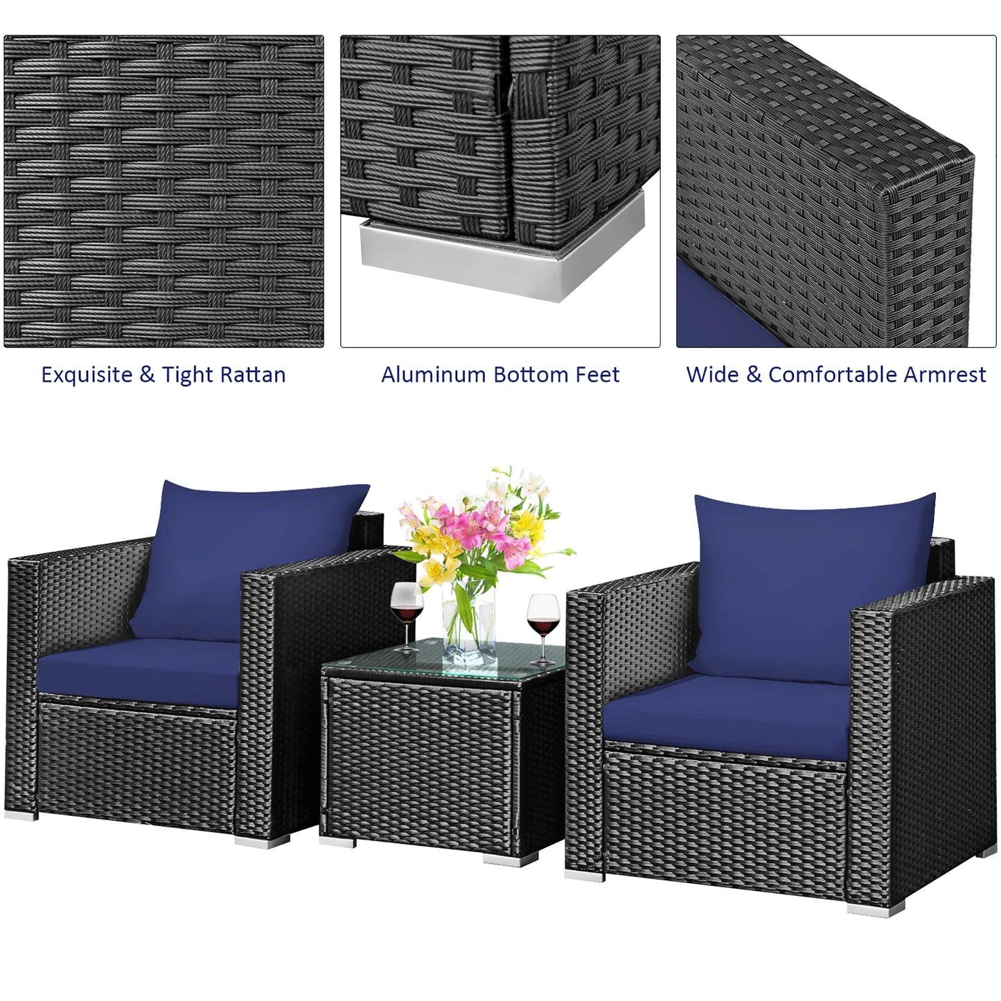 HOMASISI 3 Piece Patio Rattan Wicker Furniture Set With Cushioned Sofa Table