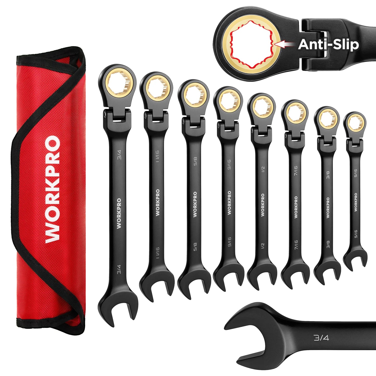 WORKPRO 8 Piece Flex Head Ratcheting Wrench Set SAE CRV