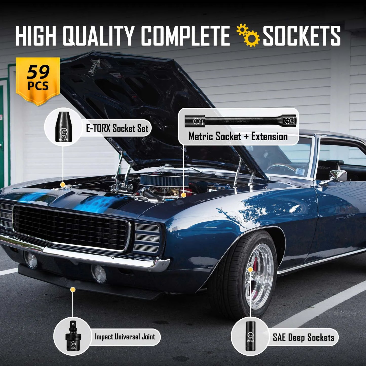 BOEN Socket Set 59Piece SAE and Metric with ETorx Sockets