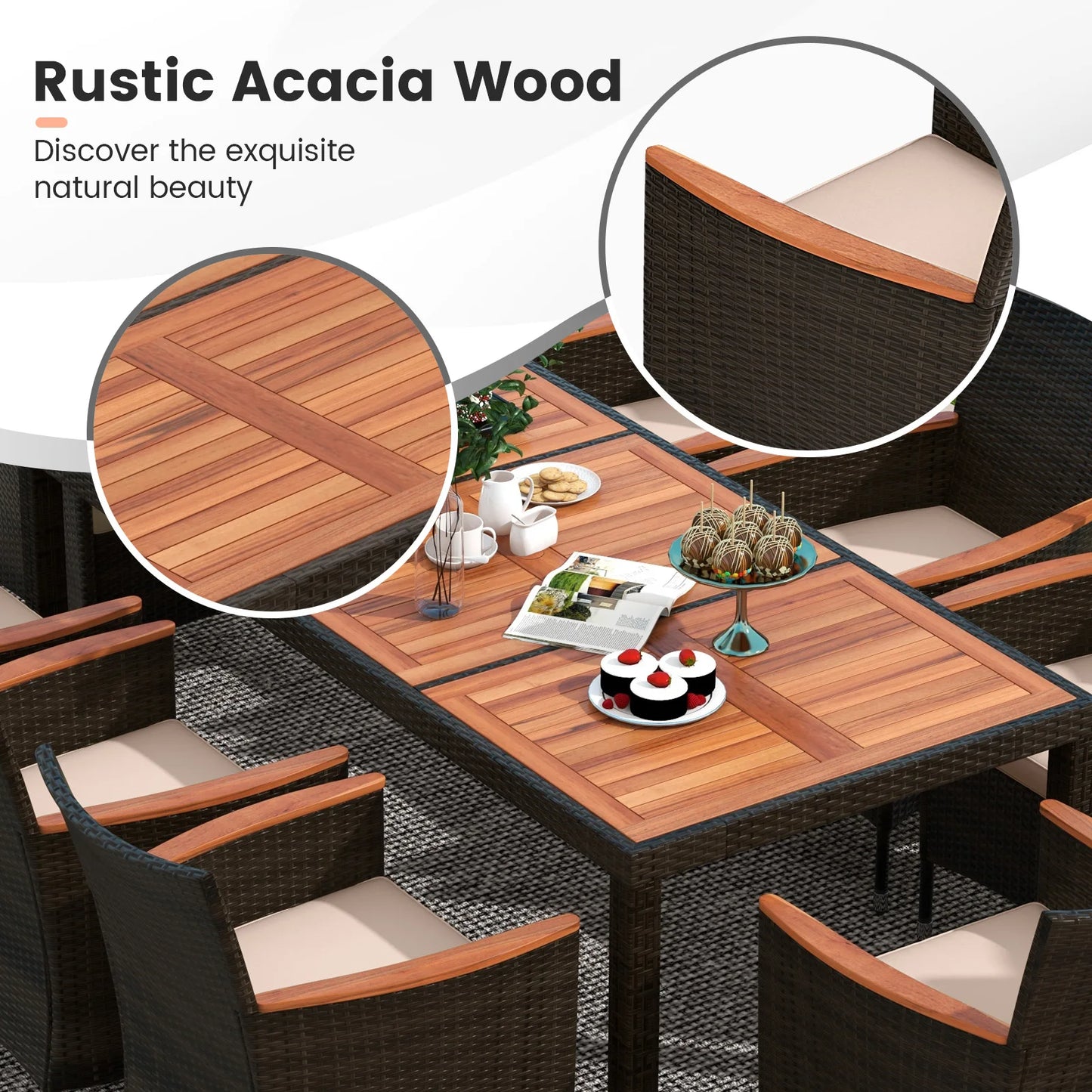 HOMASIS 9-Piece Patio Wicker Dining Set With Acacia Wood Table