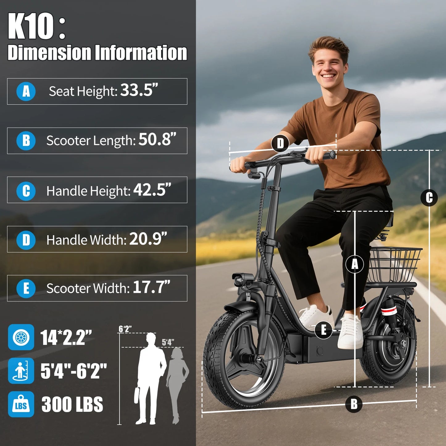 NONEM Electric Scooter K10 650W Peak Motor 48V 20MPH