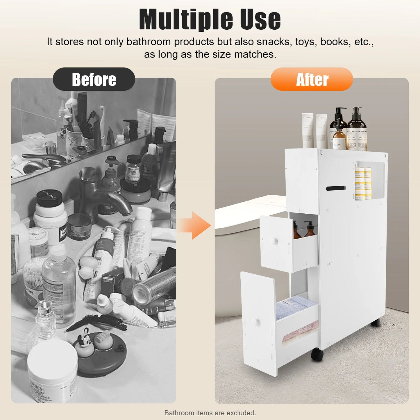 Bymaocar Bathroom Storage Cabinet Drawers Toilet Paper Holder Lockable Wheel