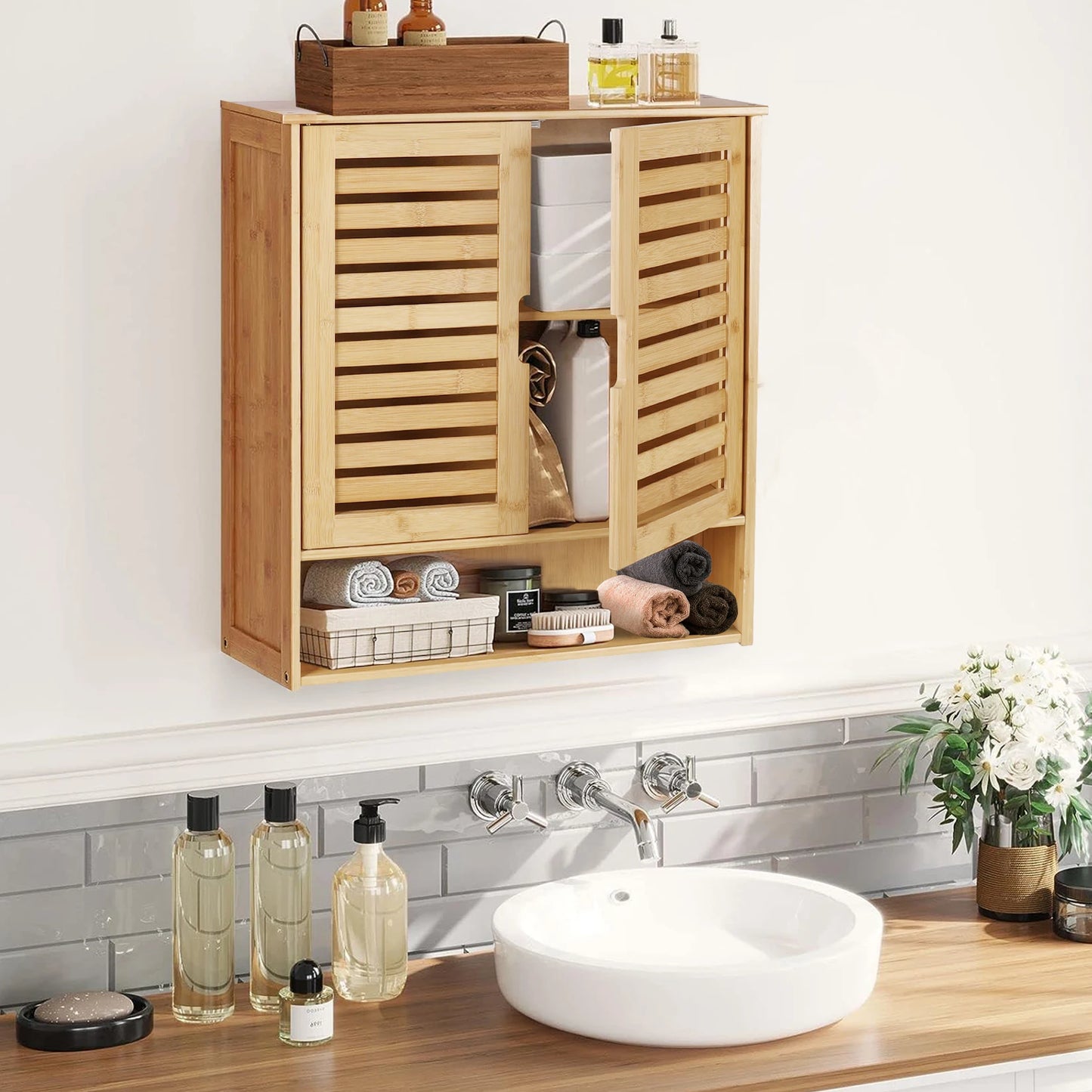 WisforFininsh Bamboo OverToilet Wall Cabinet Storage Organizer With 2 Doors