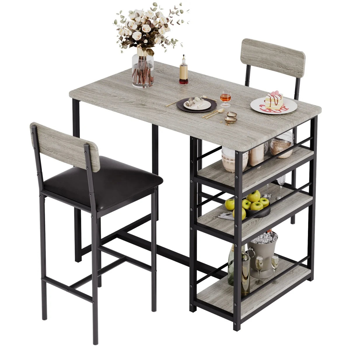 HiMISS 2 Person Dining Table Set With Upholstered Chairs Shelves