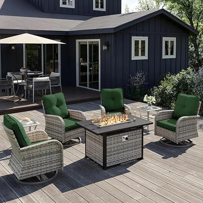 7-Piece Wicker Rattan Rocking Swivel Bistro Set With Fire Pit