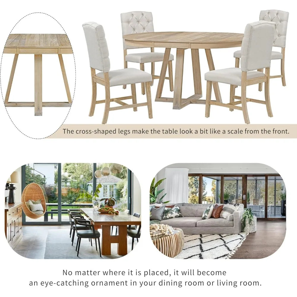 MKDK 5 Piece Round Dining Table Set With Extendable Leaf