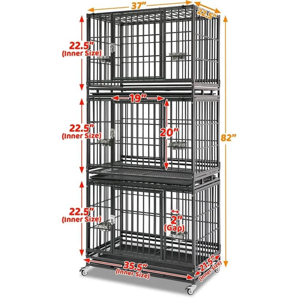 Three Tiers Dog Crate Escape Proof Kennel With Lockable Wheels