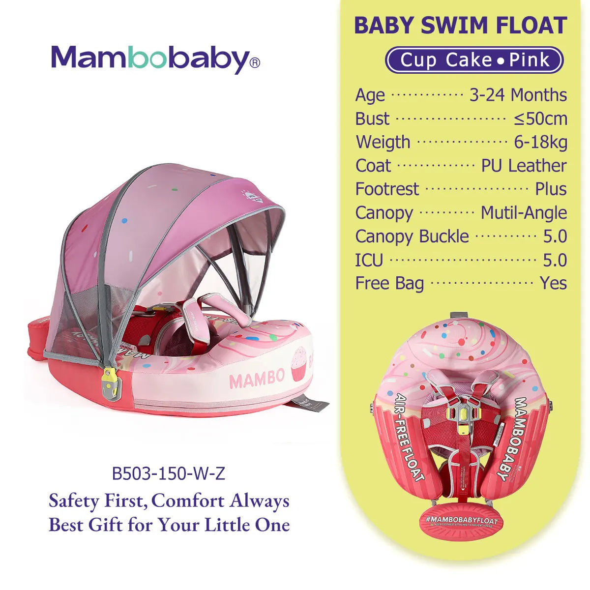 Mambobaby Safe Core No Inflation Baby Pool Float With Harness