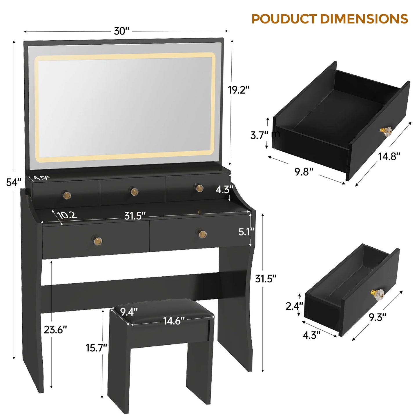 COMHOMA Vanity Table Chair Set With Four Drawers LED Mirror