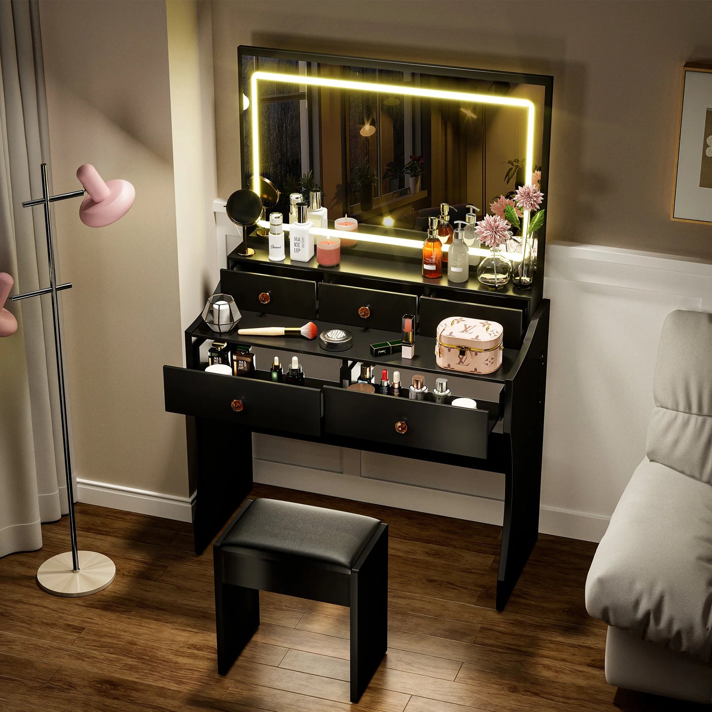 COMHOMA Vanity Table Chair Set With Four Drawers LED Mirror