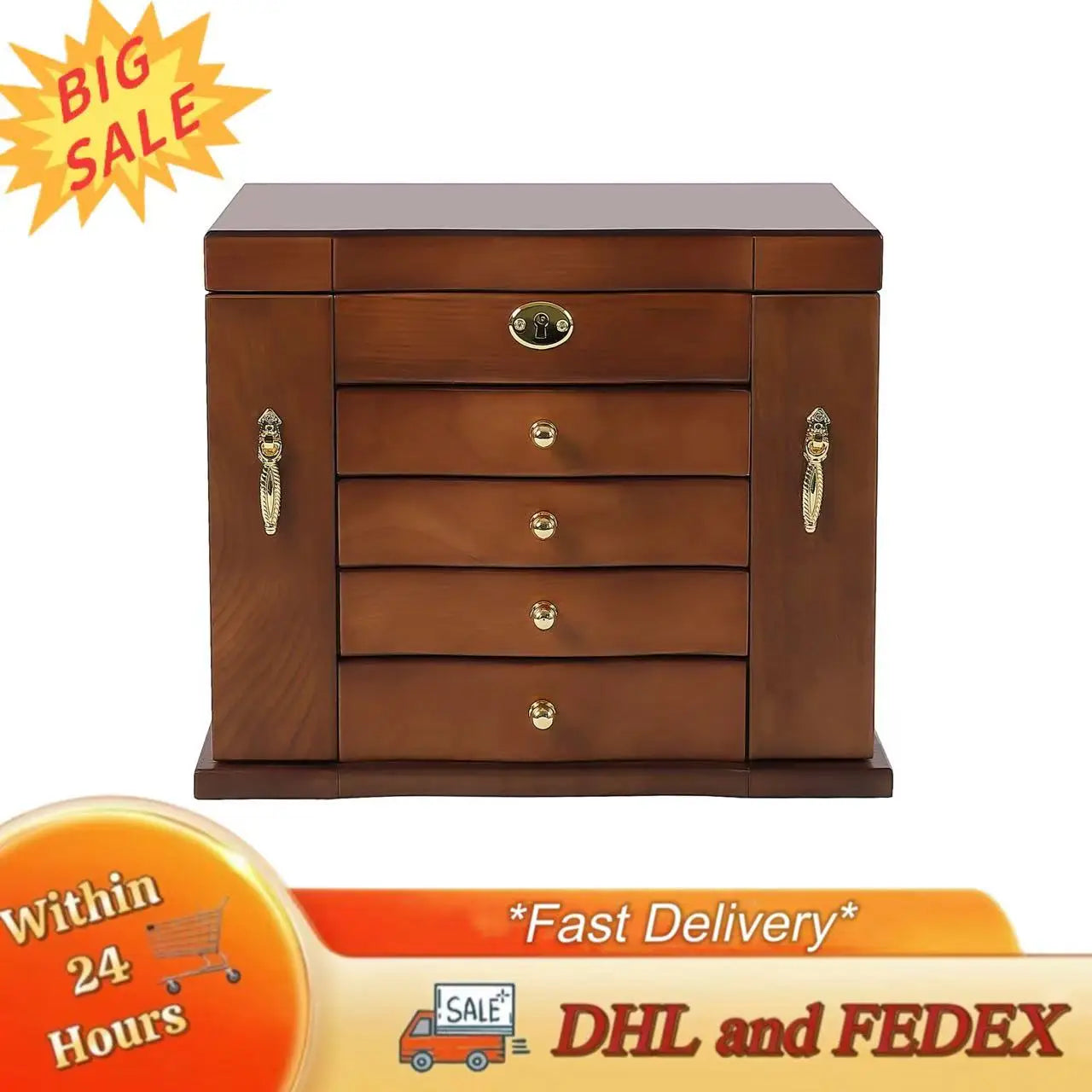 CN Zhejiang 5 Tier Retro Wooden Jewelry Box Mirror Lock