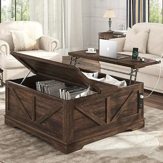 Multi-Fun Farmhouse Lift Top Coffee Table With Power Outlets