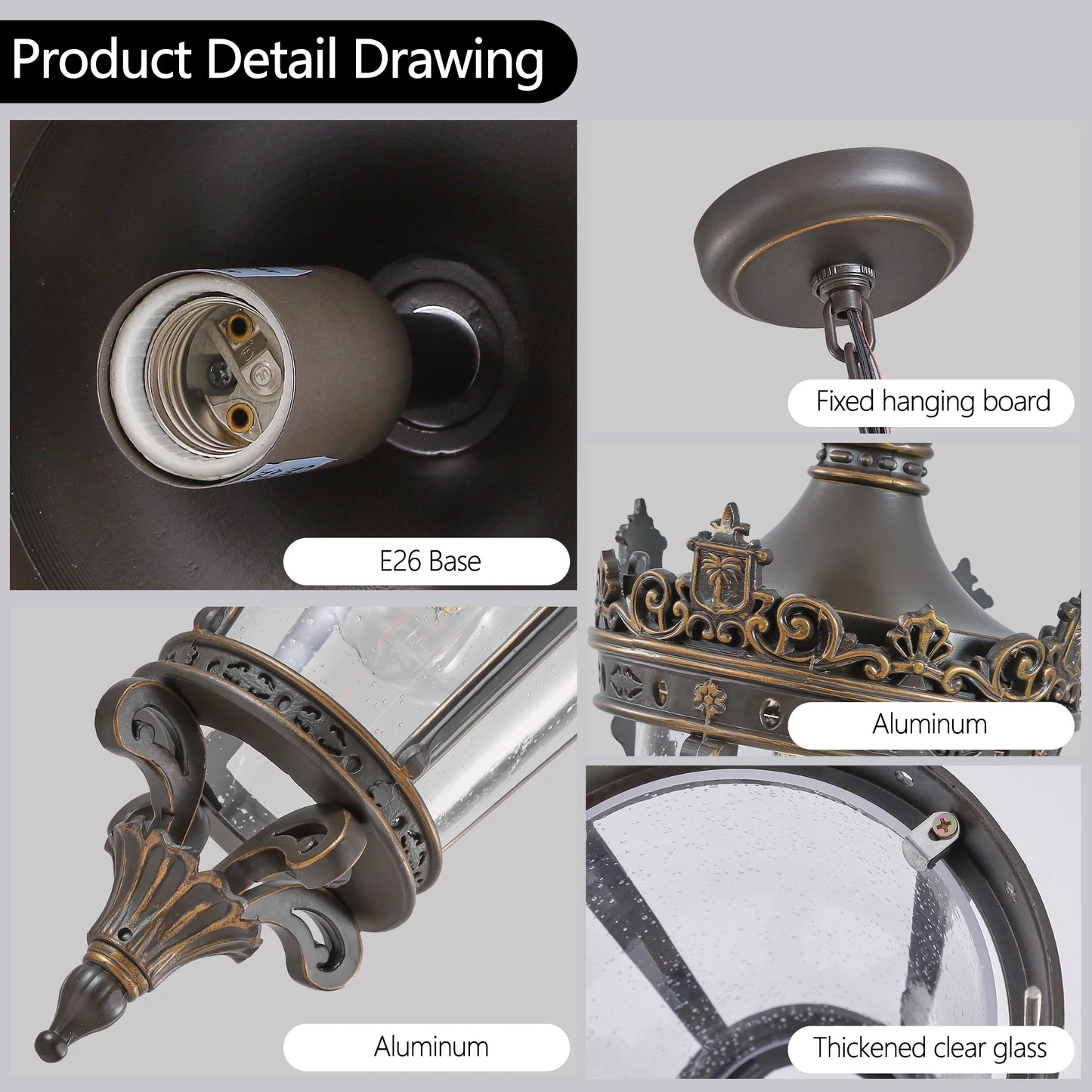 ARLGSITE Antique Crown Outdoor Hanging Lantern Waterproof Vintage Pendant Light