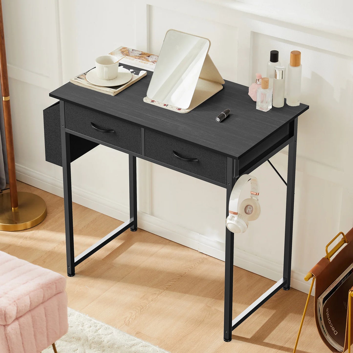 JHK Modern Office Desk With Fabric Storage Drawers And Metal Frame