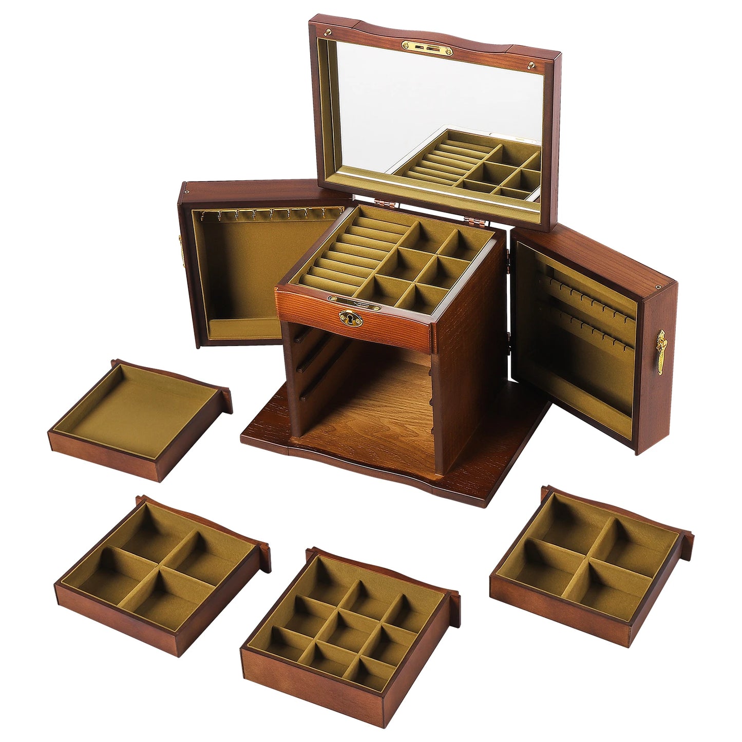 CN Zhejiang 5 Tier Retro Wooden Jewelry Box Mirror Lock