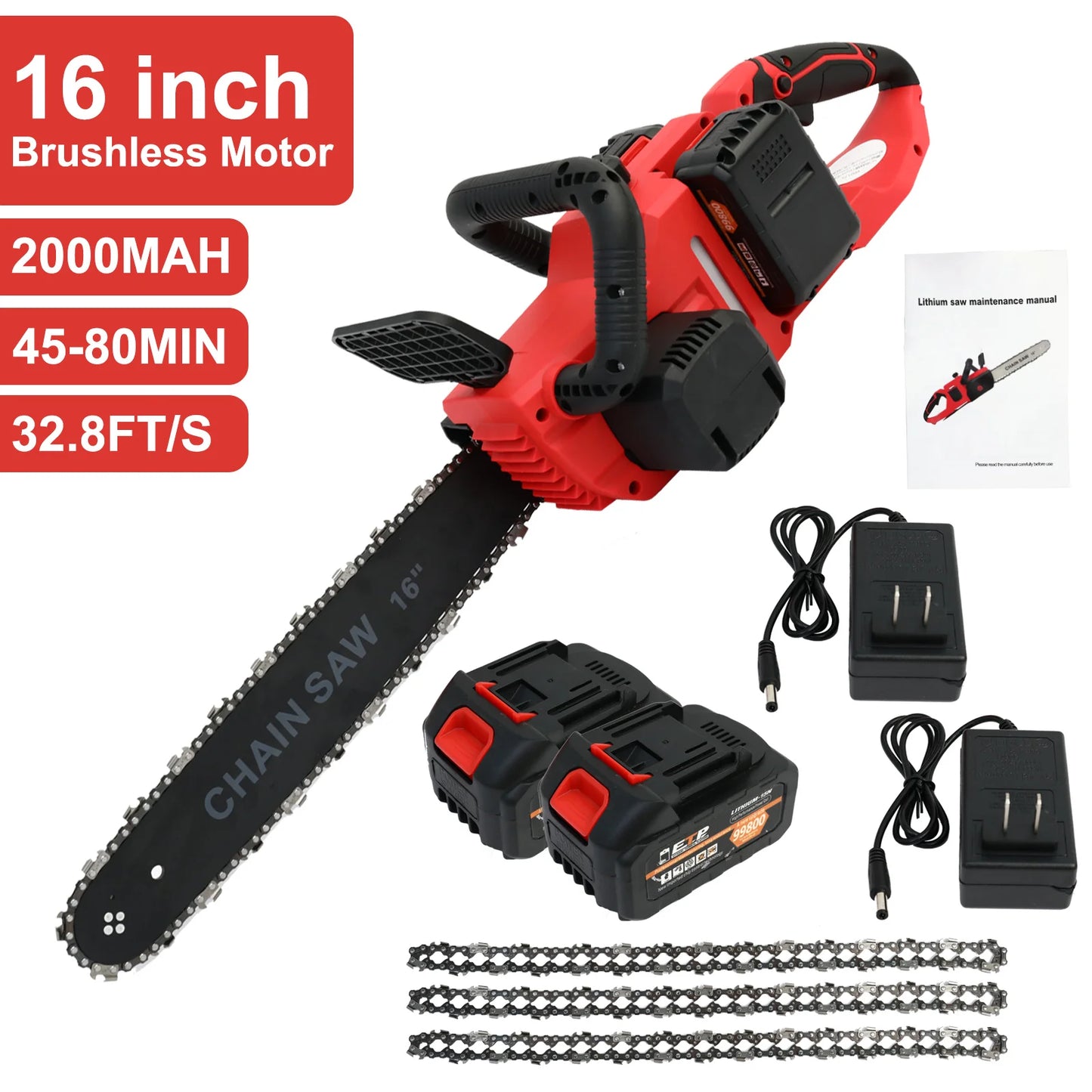 42V Cordless Brushless Chainsaw With Two Batteries And Chargers