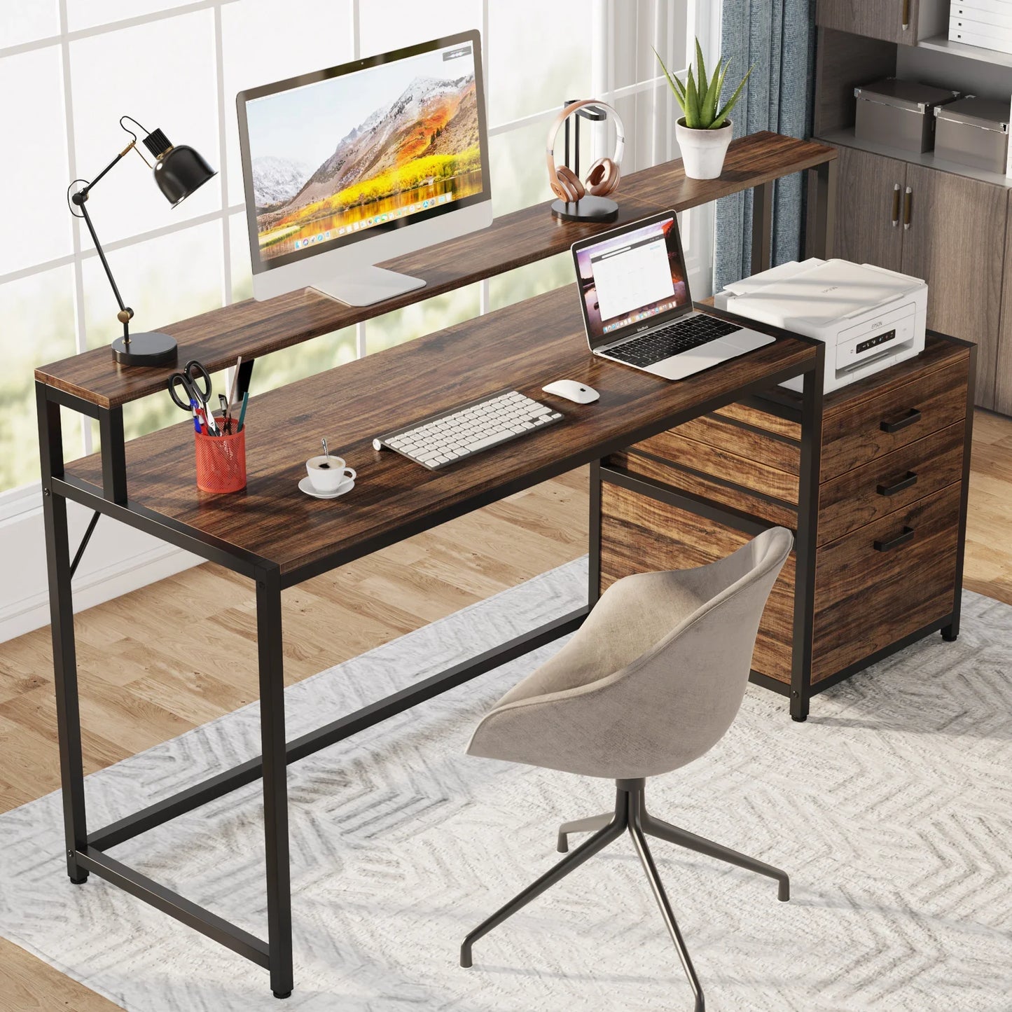 Tribesigns Ergonomic Computer Desk With File Drawer Cabinet And Monitor Stand