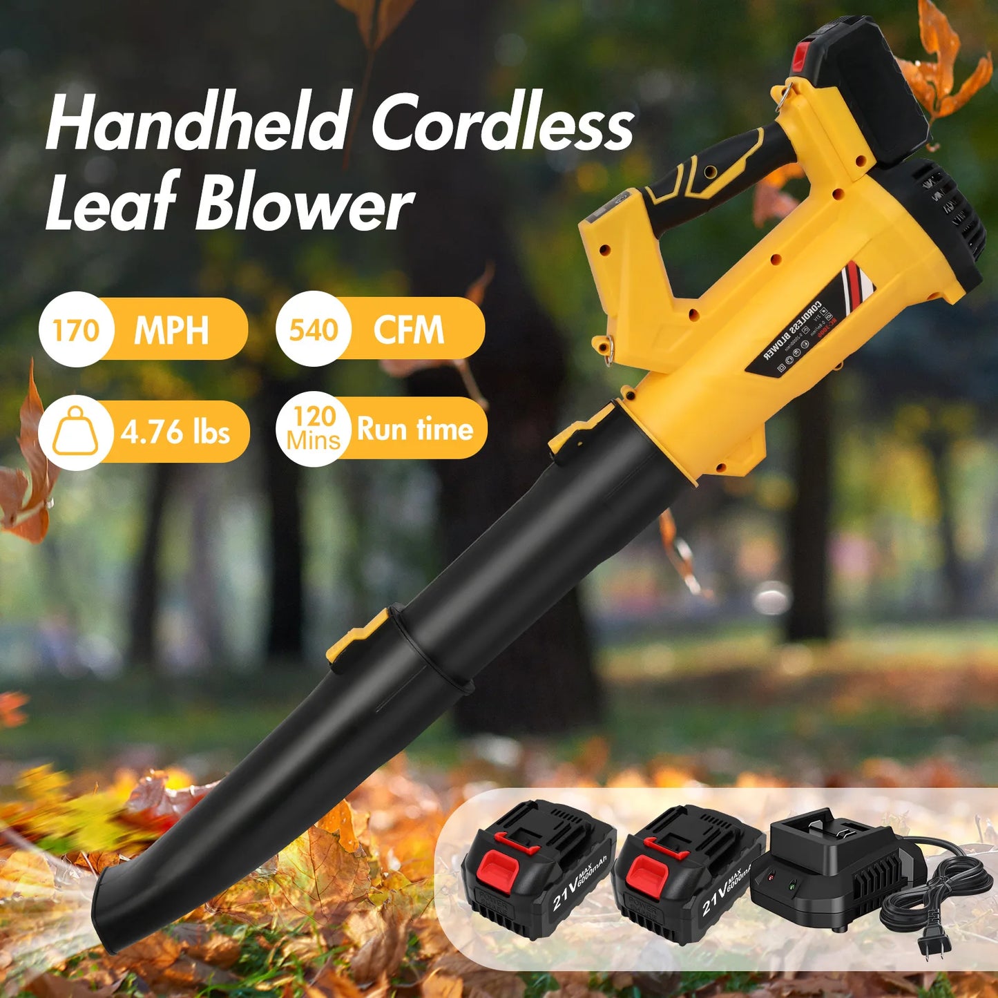 Cordless 21V Leaf Blower Dual 6.0Ah Batteries Fast Charger
