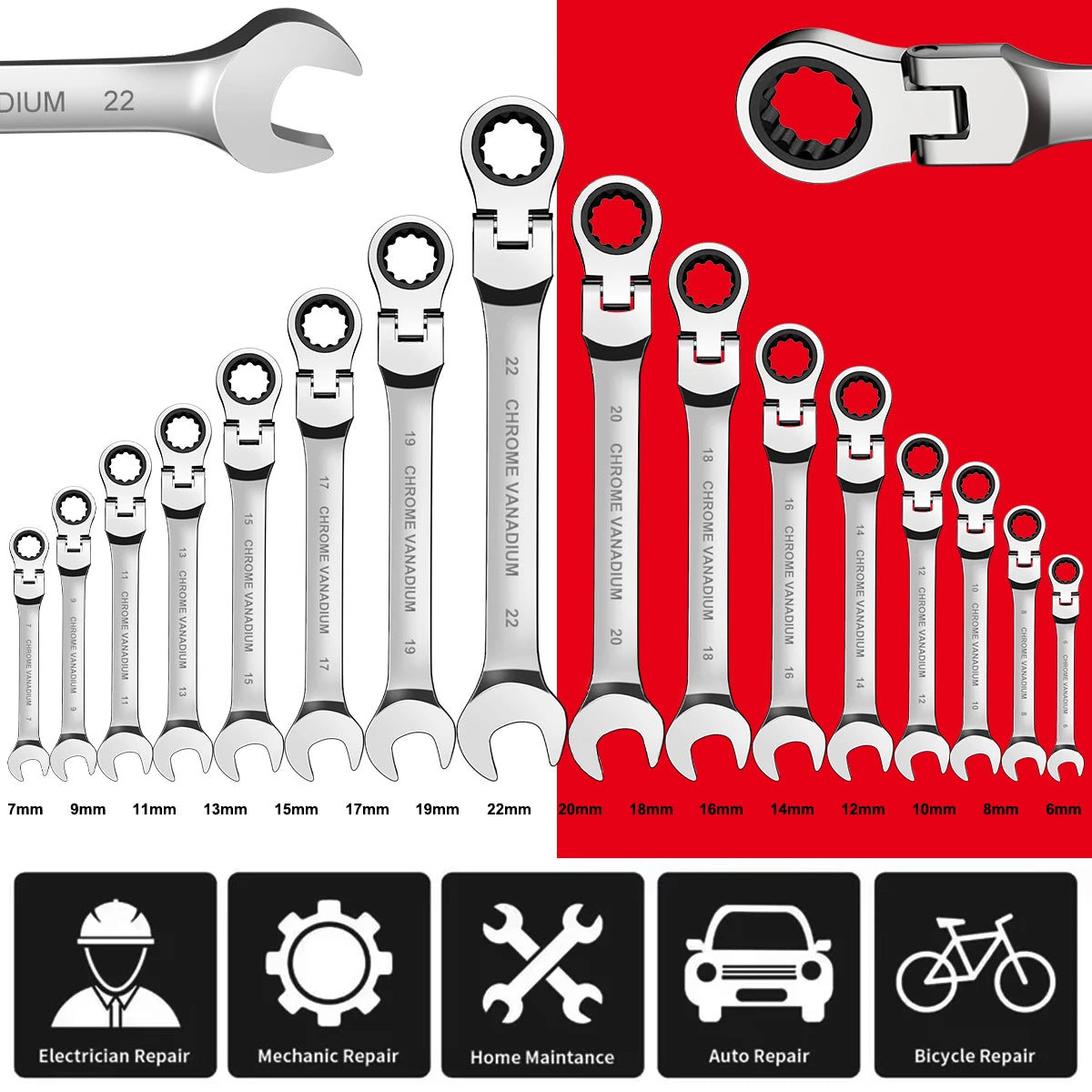 WOZOBUY Flex Head Ratchet Wrench Set Chromium Vanadium 72 Teeth