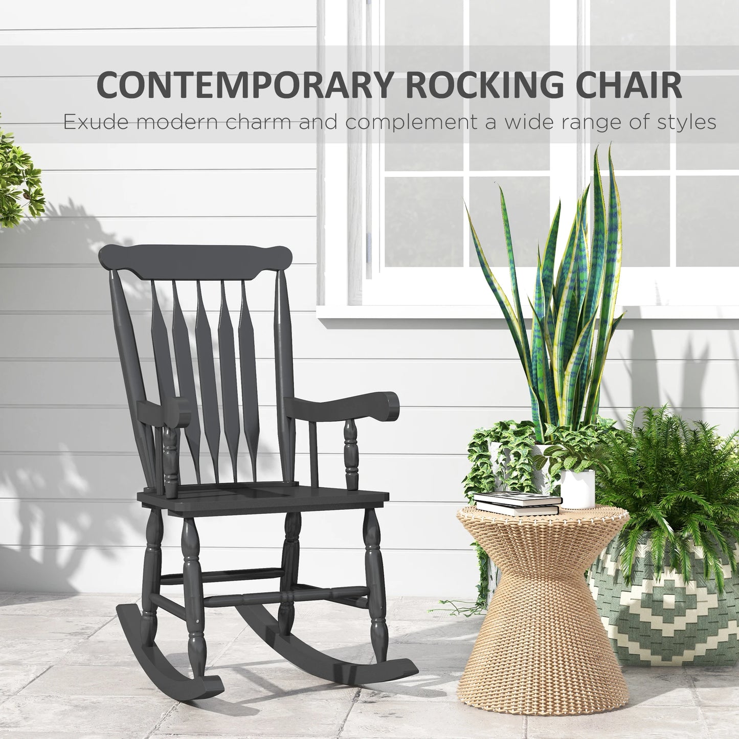 Outsunny Outdoor Wood Rocking Chair With High Back For Patio
