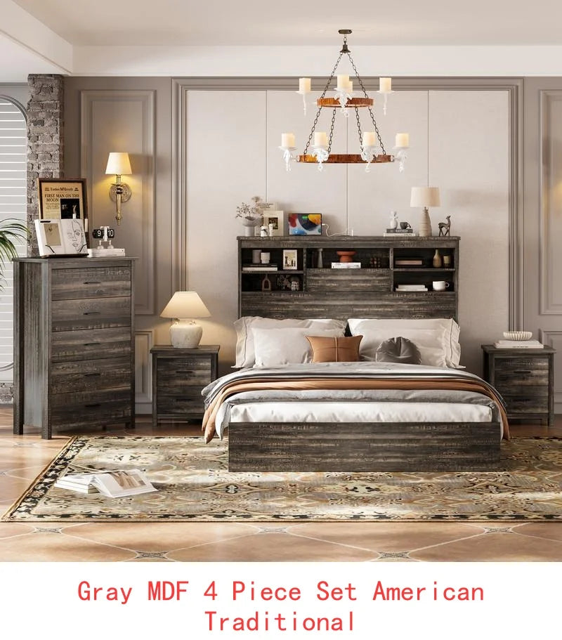 General Use 4 Piece Bedroom Set With Wooden Bed Frame And Storage Nightstands