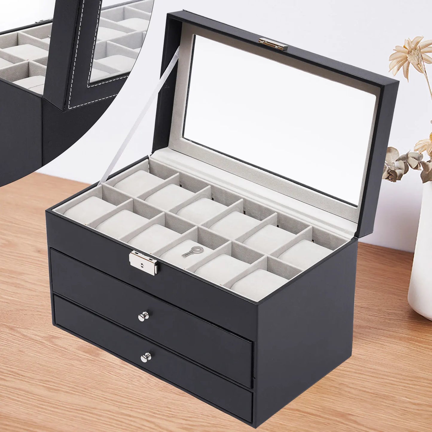 Guangdong Leather Watch Box With Glass Window For 12 Watches Jewelry Organizer
