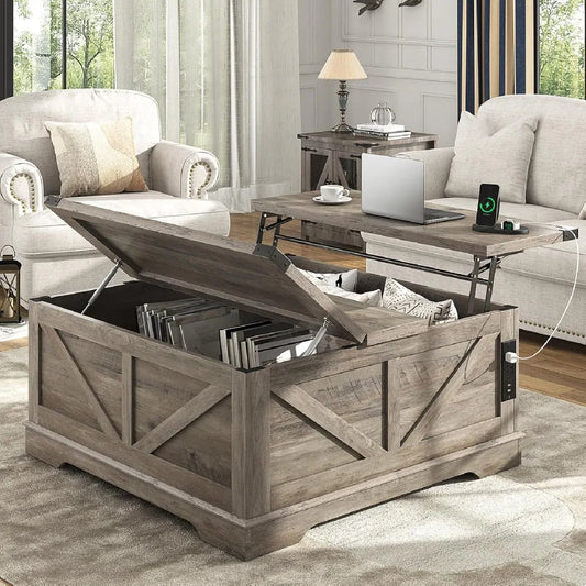 Multi-Fun Farmhouse Lift Top Coffee Table With Power Outlets