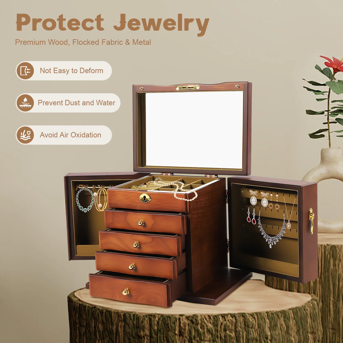 CN Zhejiang 5 Tier Retro Wooden Jewelry Box Mirror Lock