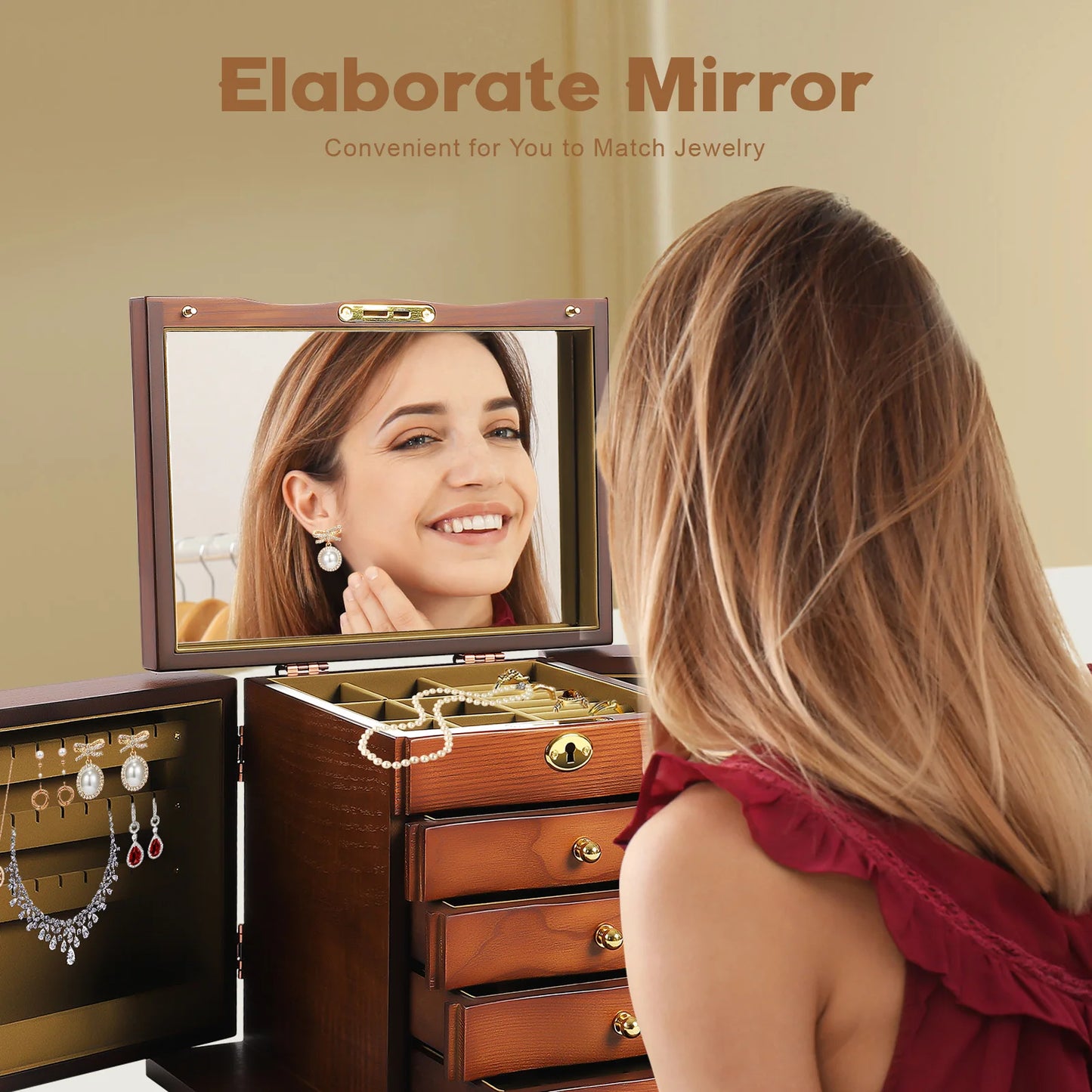 CN Zhejiang 5 Tier Retro Wooden Jewelry Box Mirror Lock