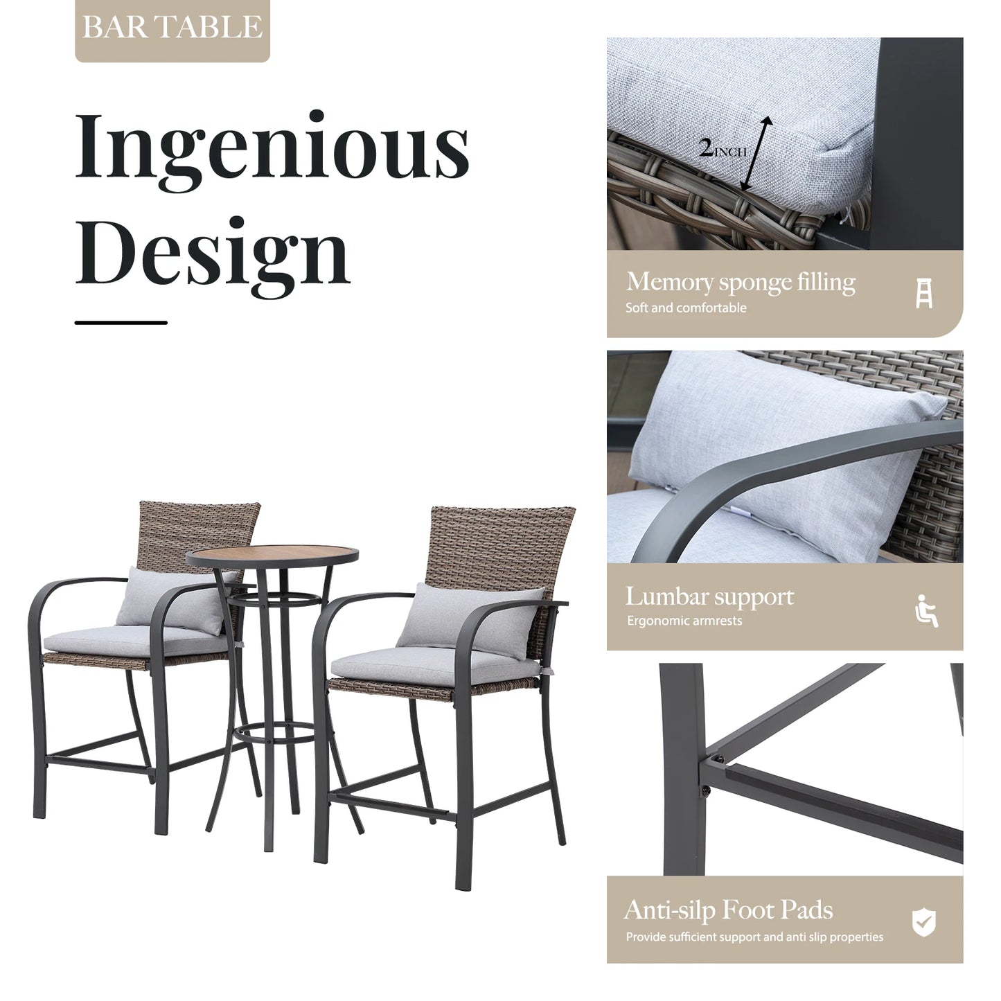 Naga Bahna 3pcs Outdoor Patio Bar Set With Soft Cushions