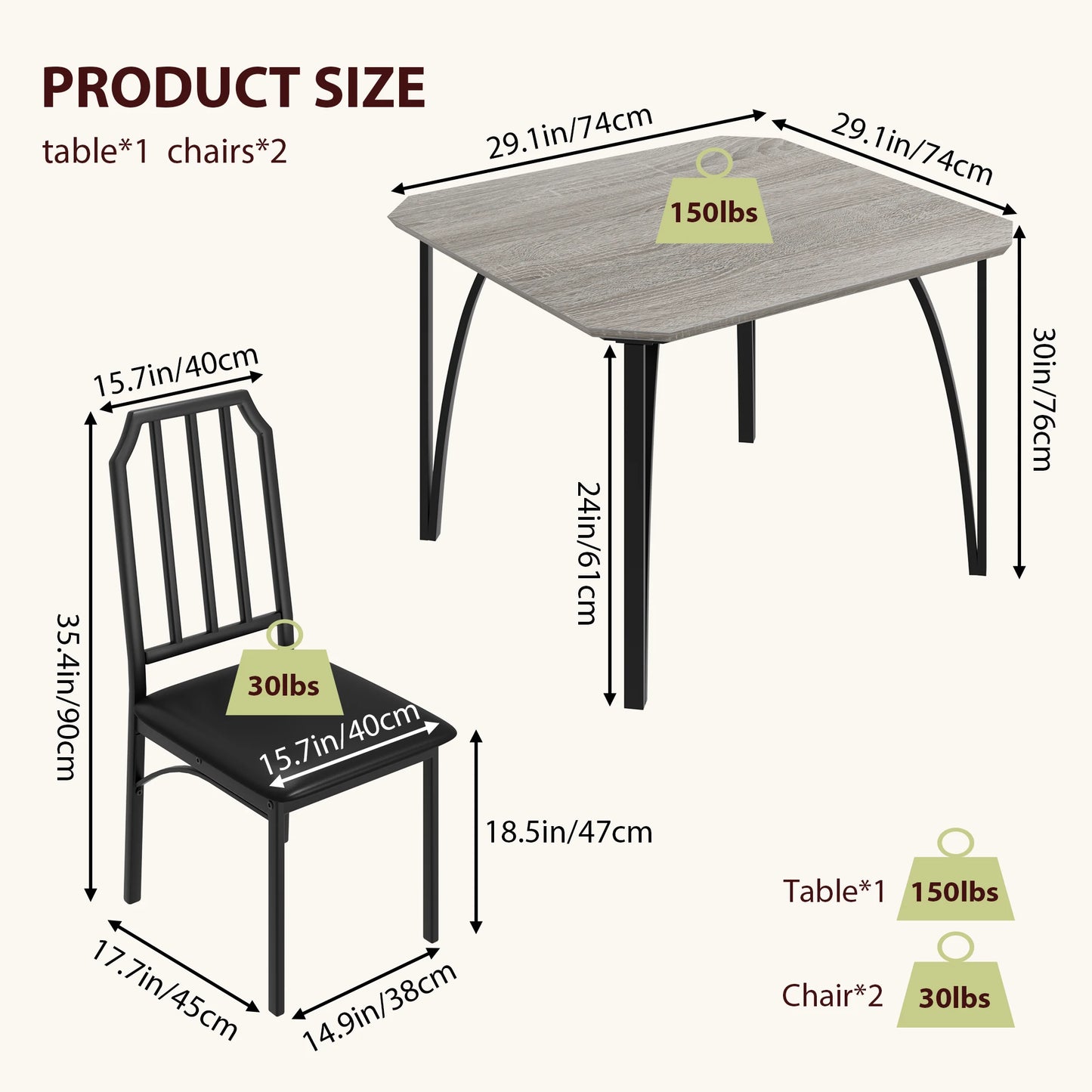 HiMISS Dining Table Set For 2 With Ultra PU Cushions