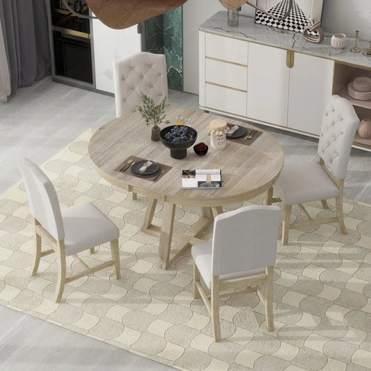 MKDK 5 Piece Round Dining Table Set With Extendable Leaf