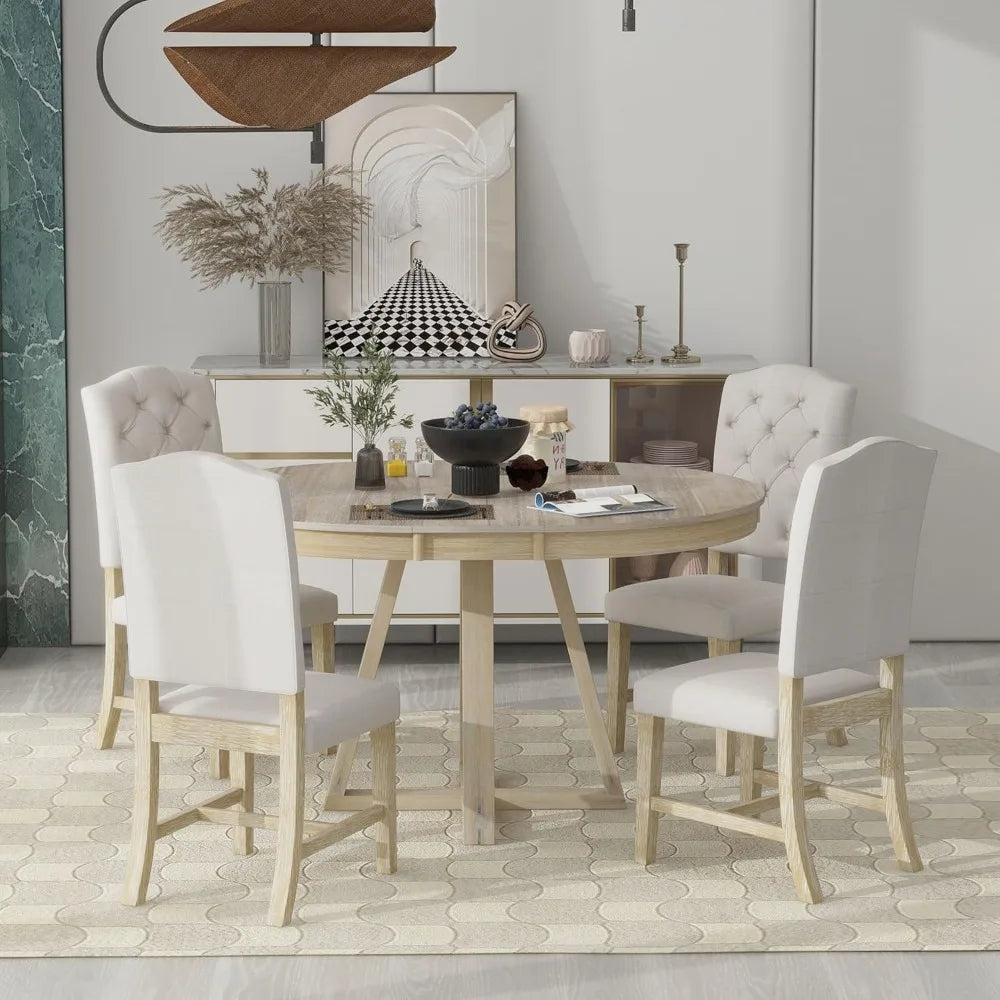 MKDK 5 Piece Round Dining Table Set With Extendable Leaf
