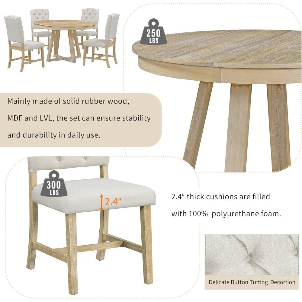 MKDK 5 Piece Round Dining Table Set With Extendable Leaf