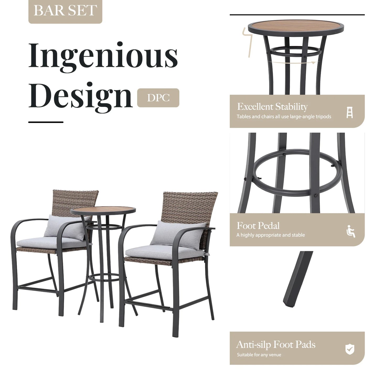 Naga Bahna 3pcs Outdoor Patio Bar Set With Soft Cushions