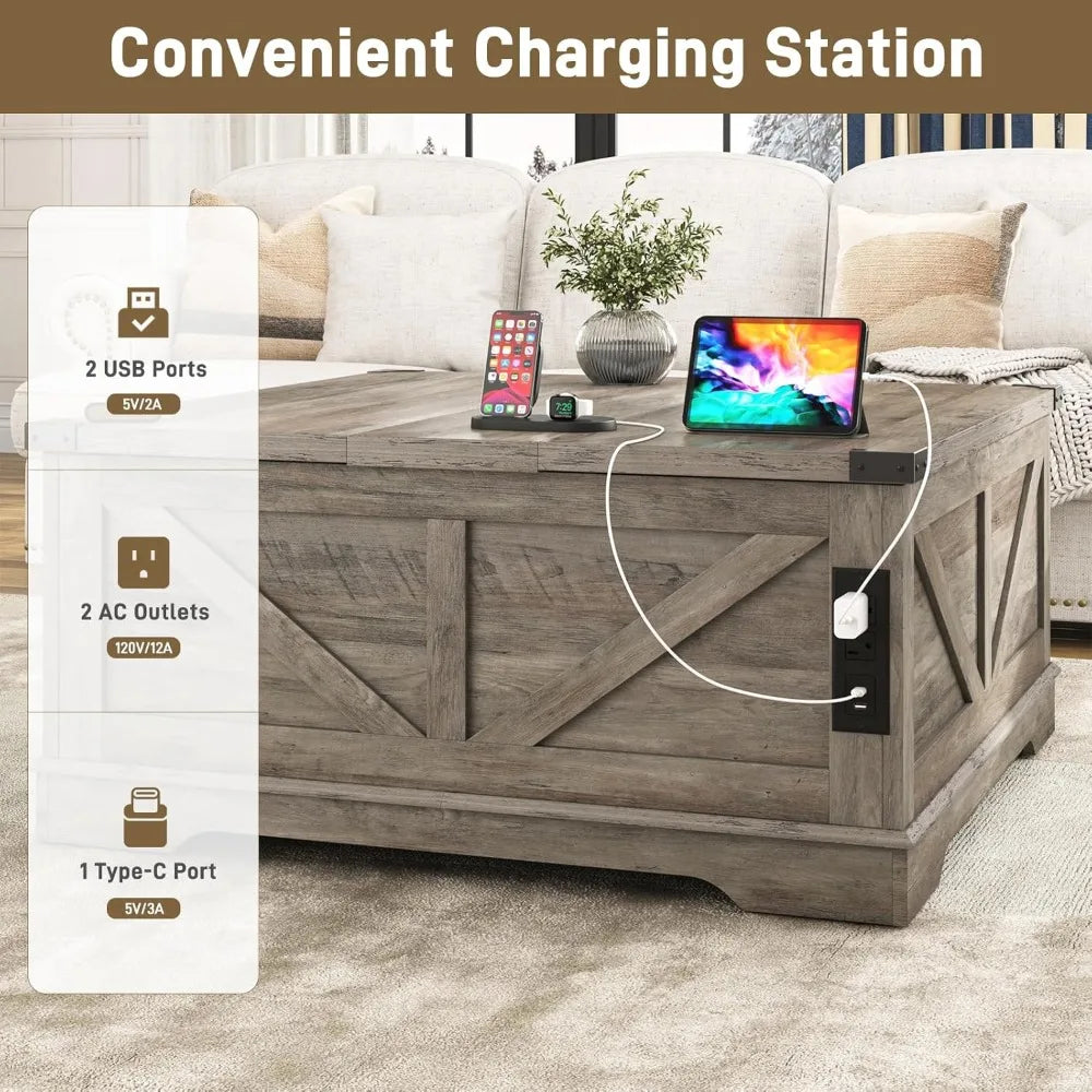 Multi-Fun Farmhouse Lift Top Coffee Table With Power Outlets