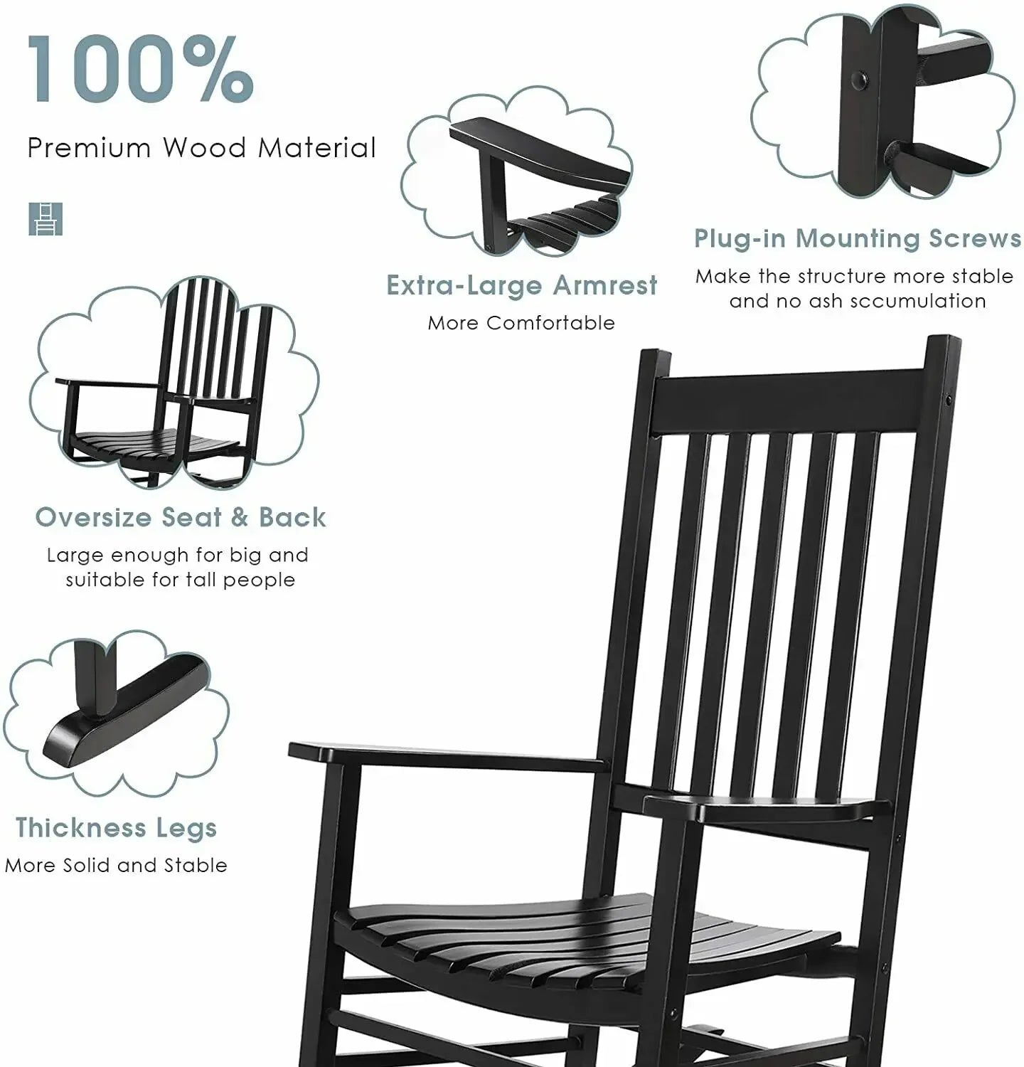 AuAg High Back Wood Porch Rocker Outdoor Rocking Chair