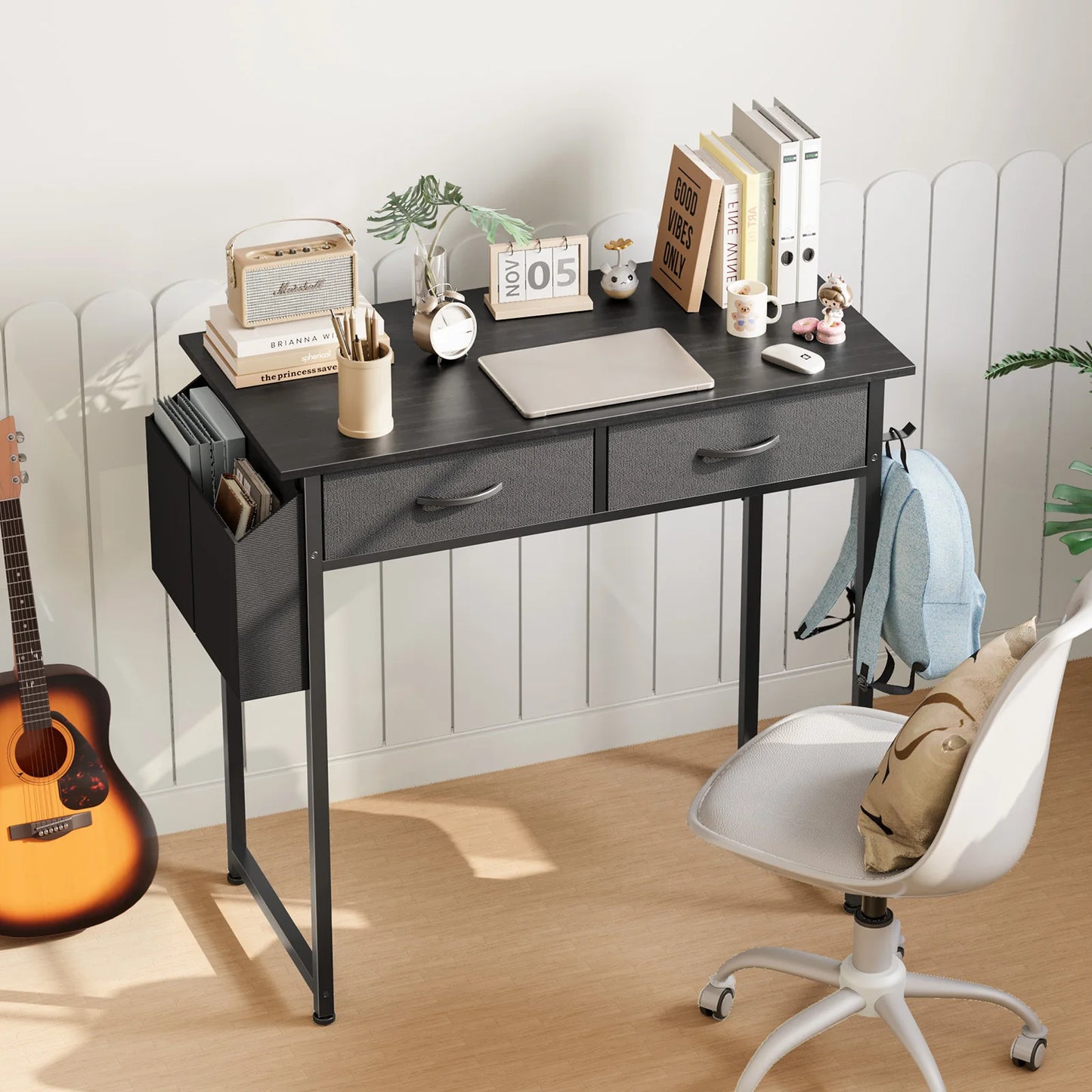 JHK Modern Office Desk With Fabric Storage Drawers And Metal Frame