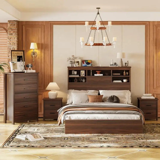 General Use 4 Piece Bedroom Set With Wooden Bed Frame And Storage Nightstands