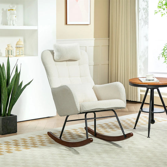 HOMCOM Boucle Rocking Chair With Headrest And Lumbar Pillow