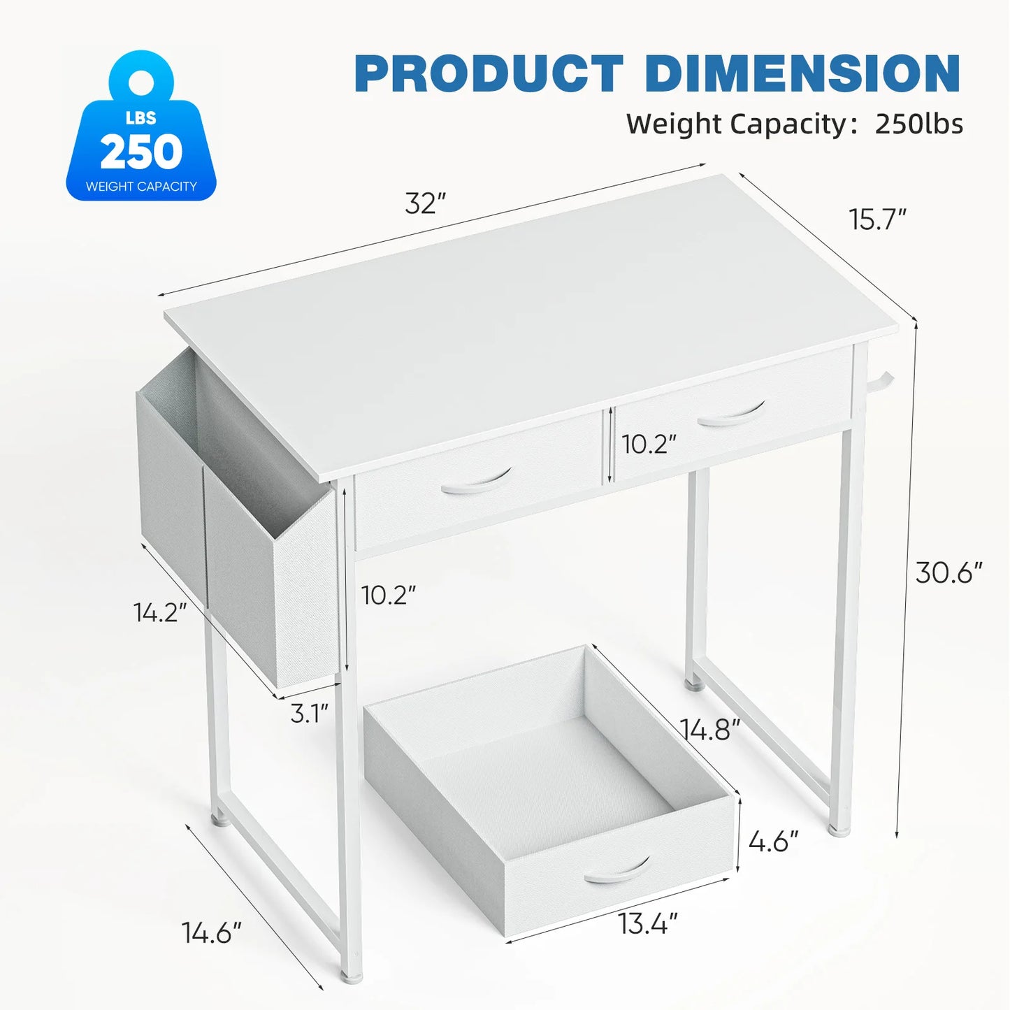 JHK Modern Office Desk With Fabric Storage Drawers And Metal Frame