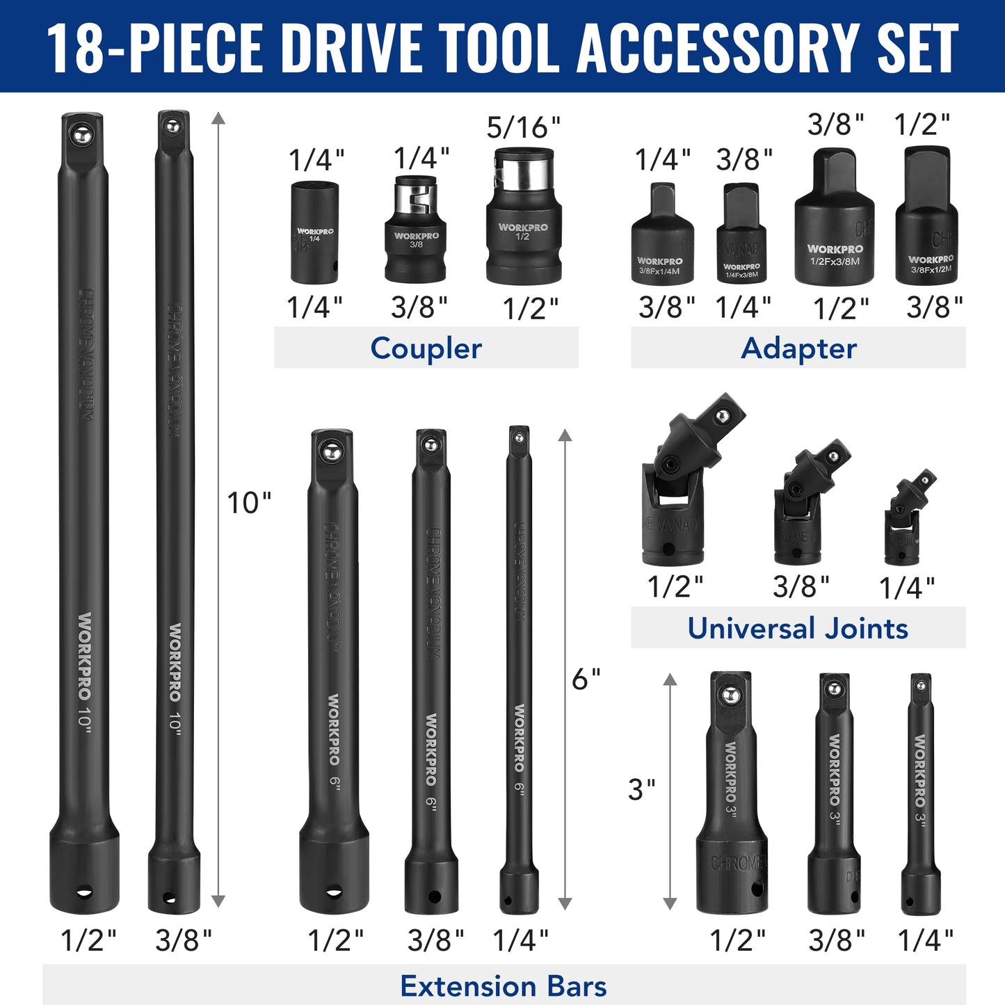 WORKPRO 18 Piece Drive Tool Accessory Set With Socket Adapters And Extensions
