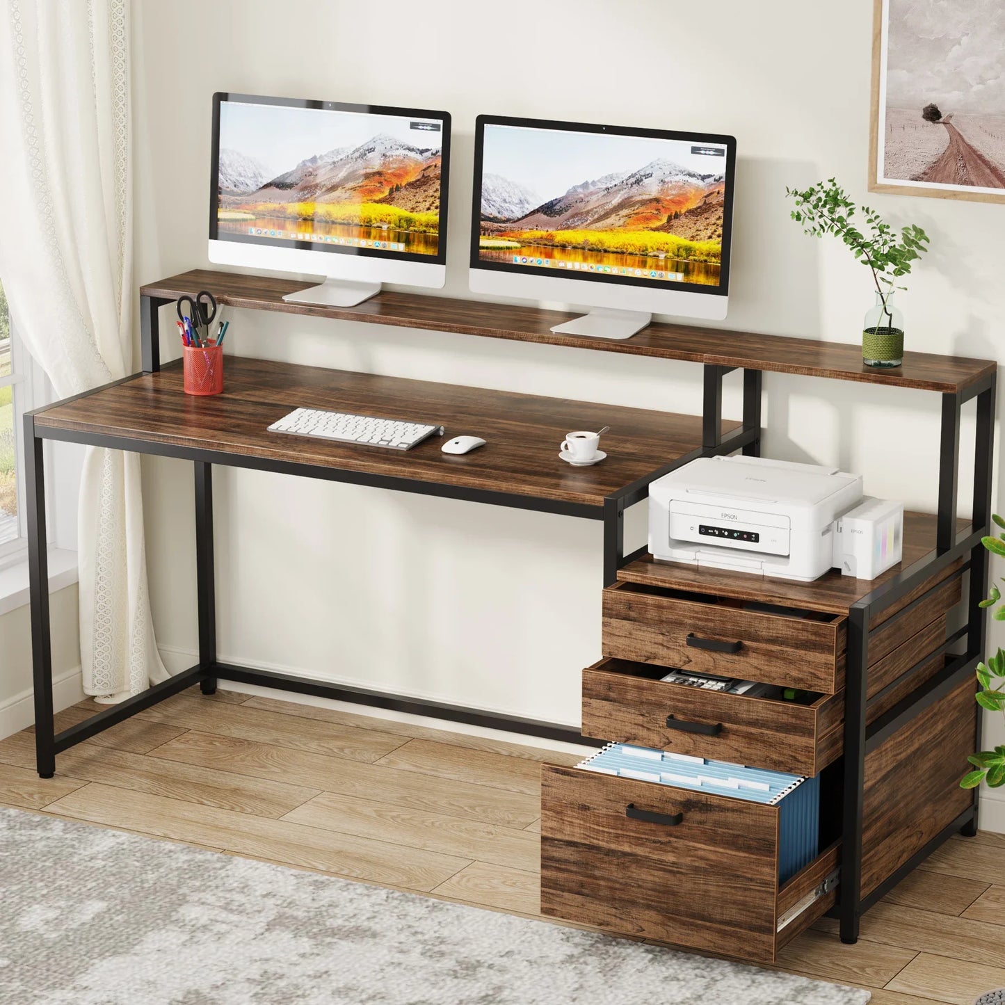 Tribesigns Ergonomic Computer Desk With File Drawer Cabinet And Monitor Stand